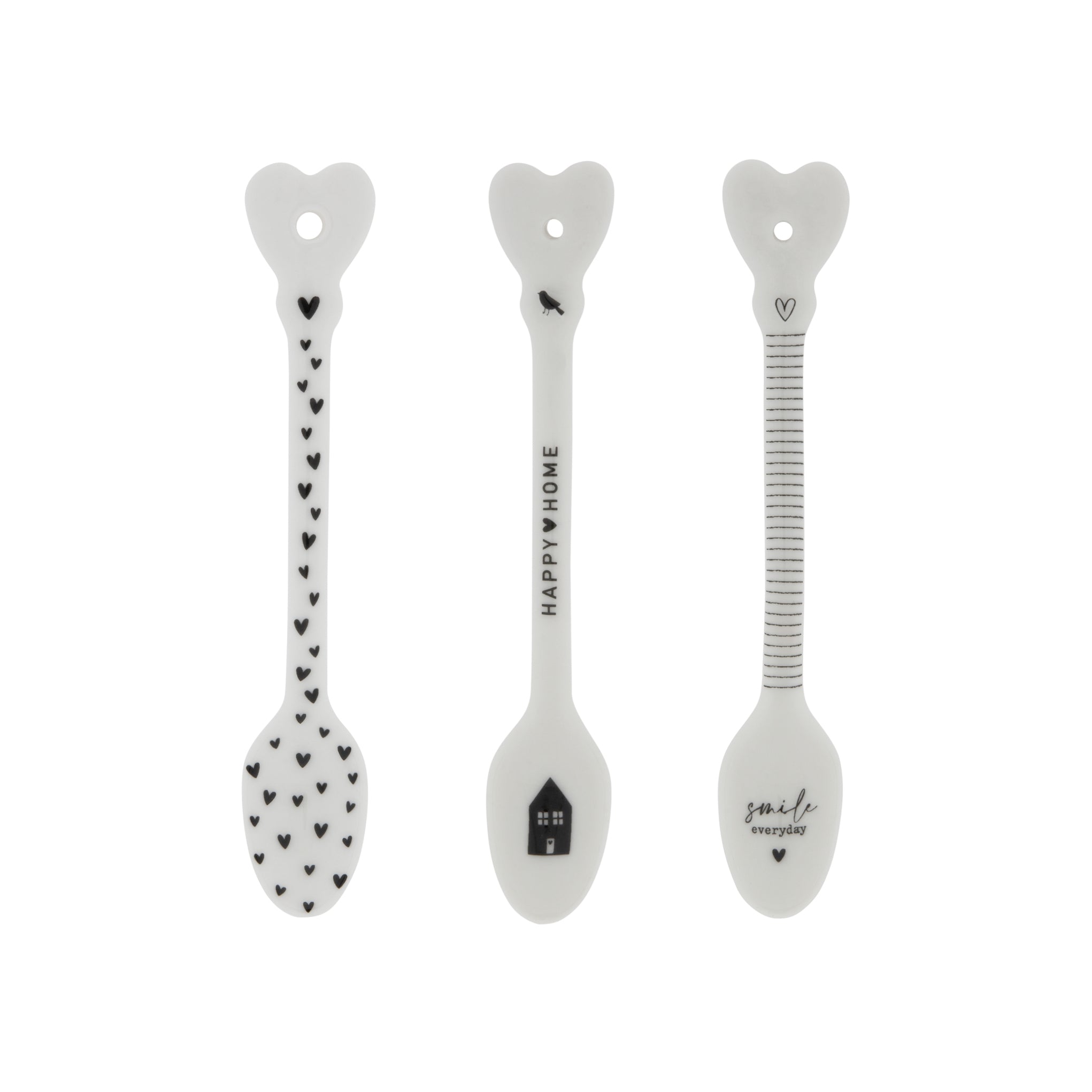 Set of 3 assorted teaspoons, with Happy Home Decorus, hearts and lines